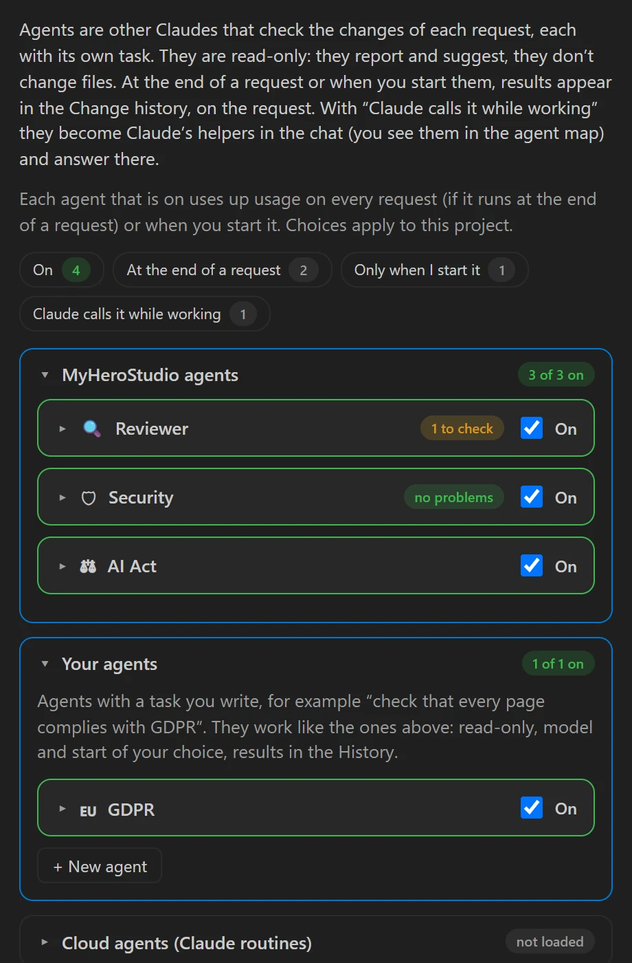 The Agents page with Reviewer, Security, AI Act and a GDPR agent
