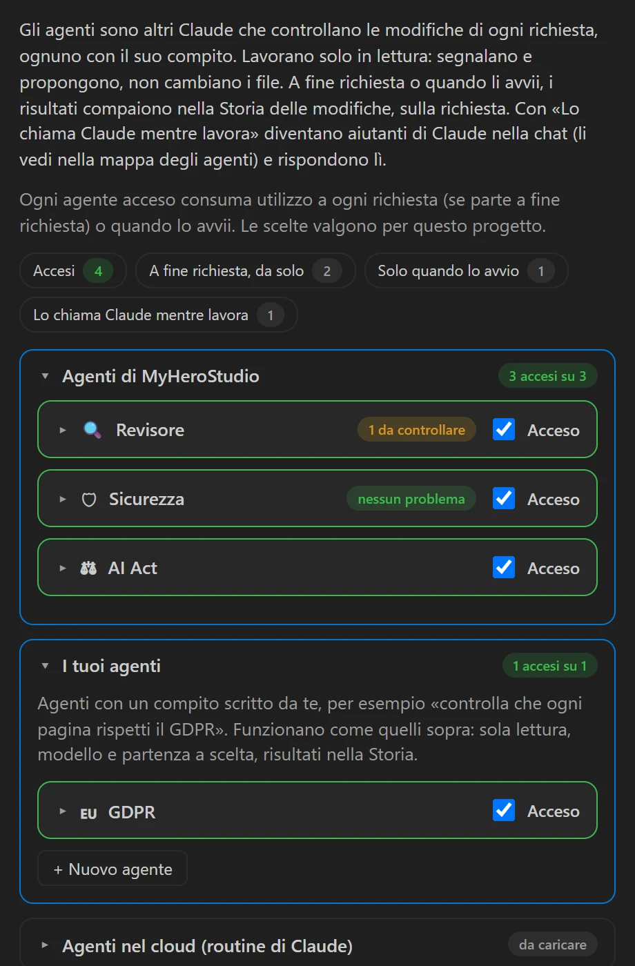 La pagina Agenti con Revisore, Sicurezza, AI Act e un agente GDPR