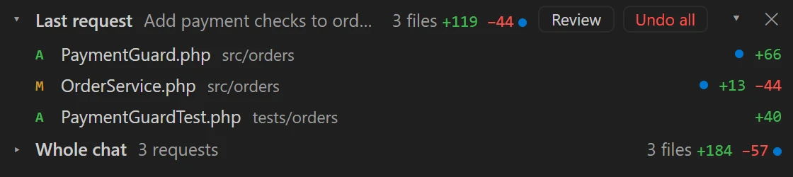 The Changed files list with three files, Review and Undo all