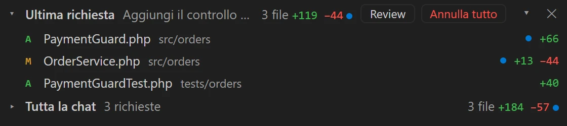 La lista File modificati con tre file, Review e Annulla tutto