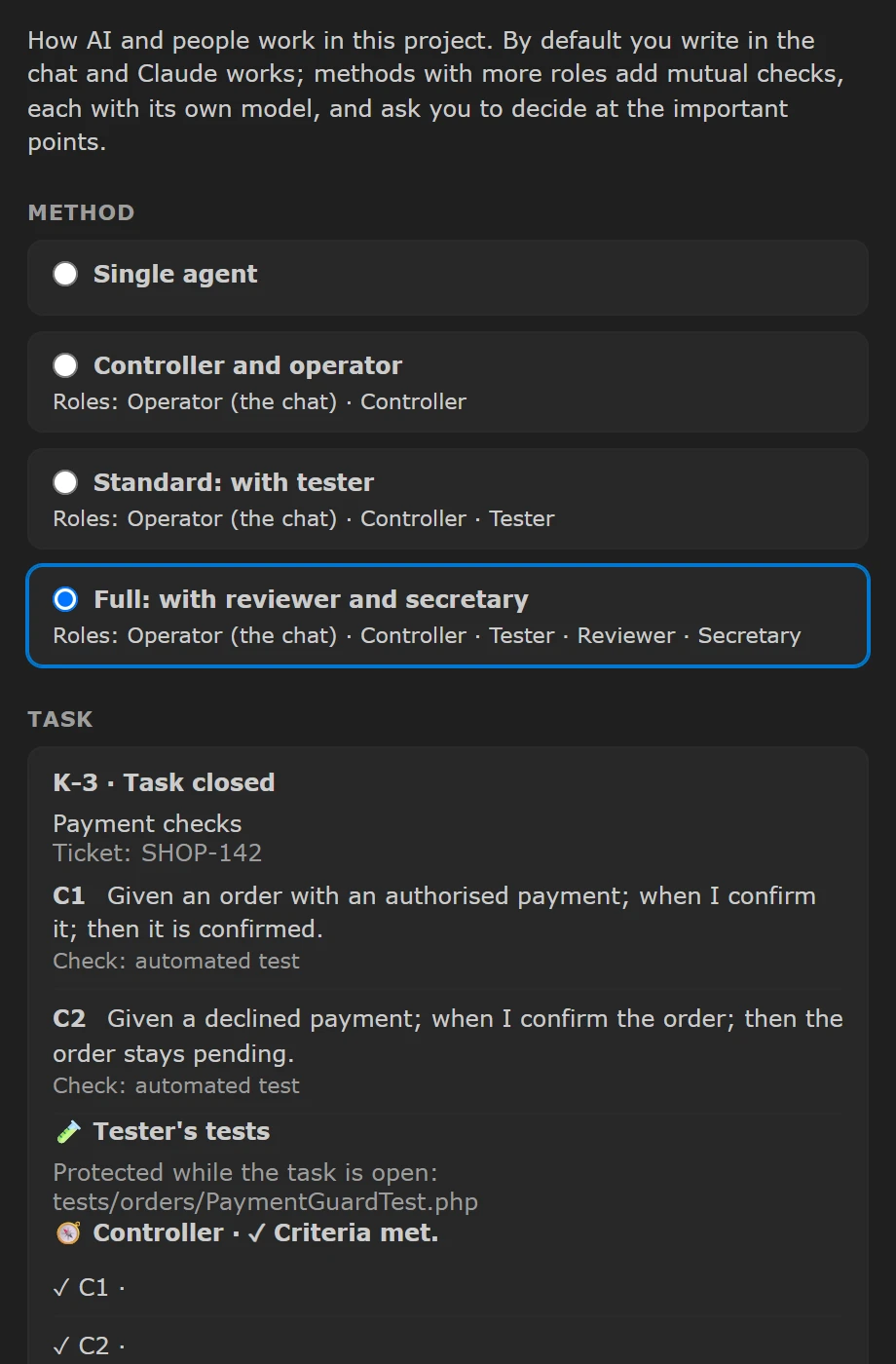The working Method with roles and a closed task with checked criteria