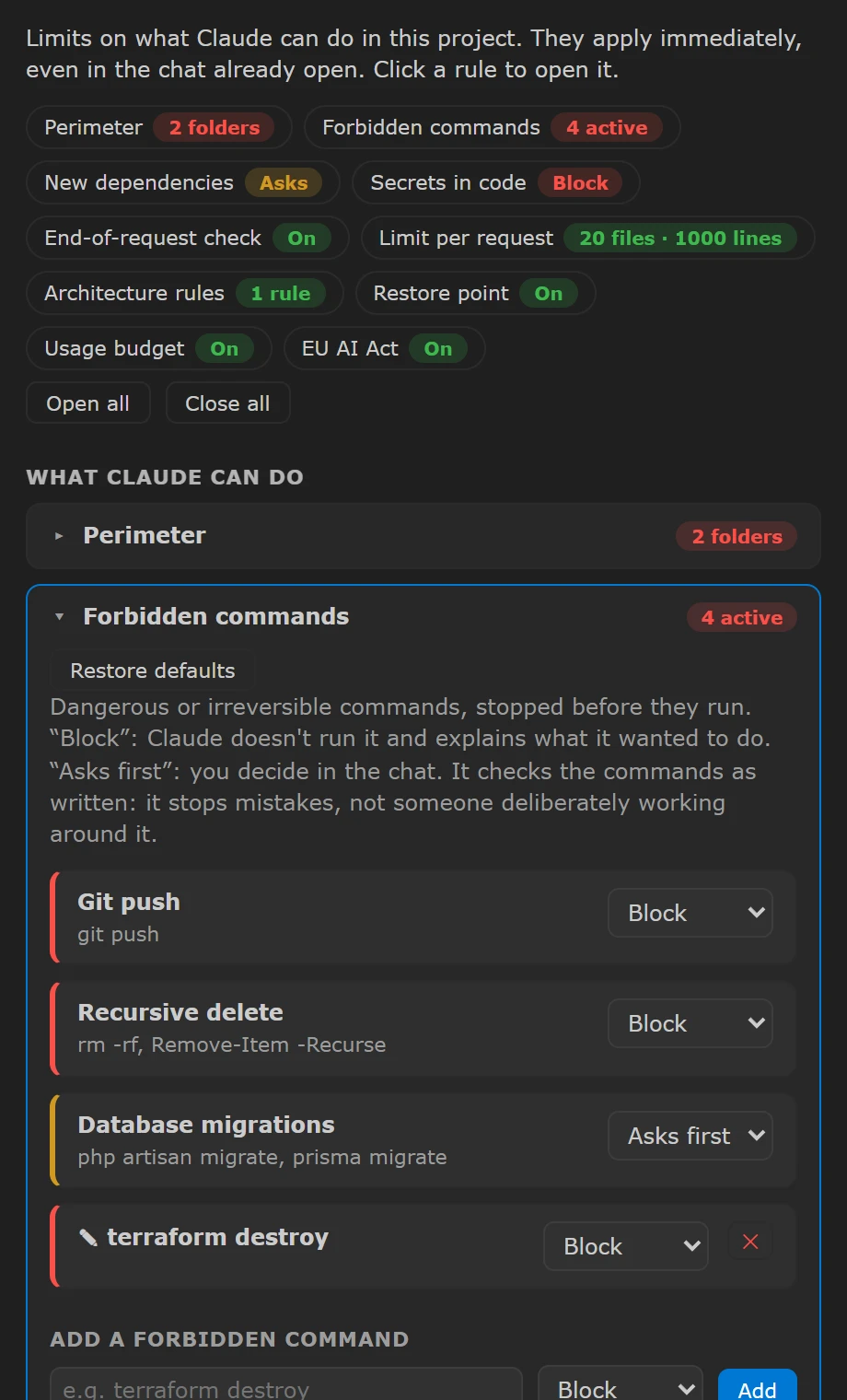 The project Rules with forbidden commands open