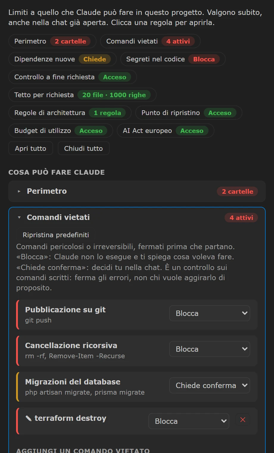 Le Regole del progetto con i comandi vietati aperti