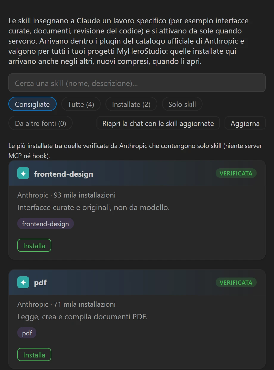 Il catalogo delle skill con quelle consigliate e verificate